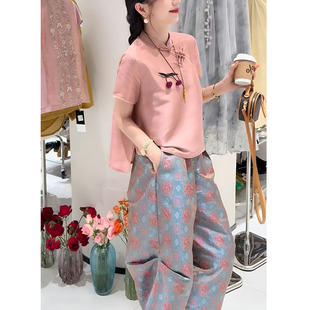 2025 Summer New Chinese Style Oblique Lapel Button Stand Collar Short Sleeve Shirt High Waist Printed Wide Leg Pants Elegant Set