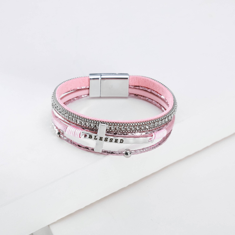 Fashion Cross Fine Diamond Leather Magnetic Buckle Multicolor Bracelet display picture 21