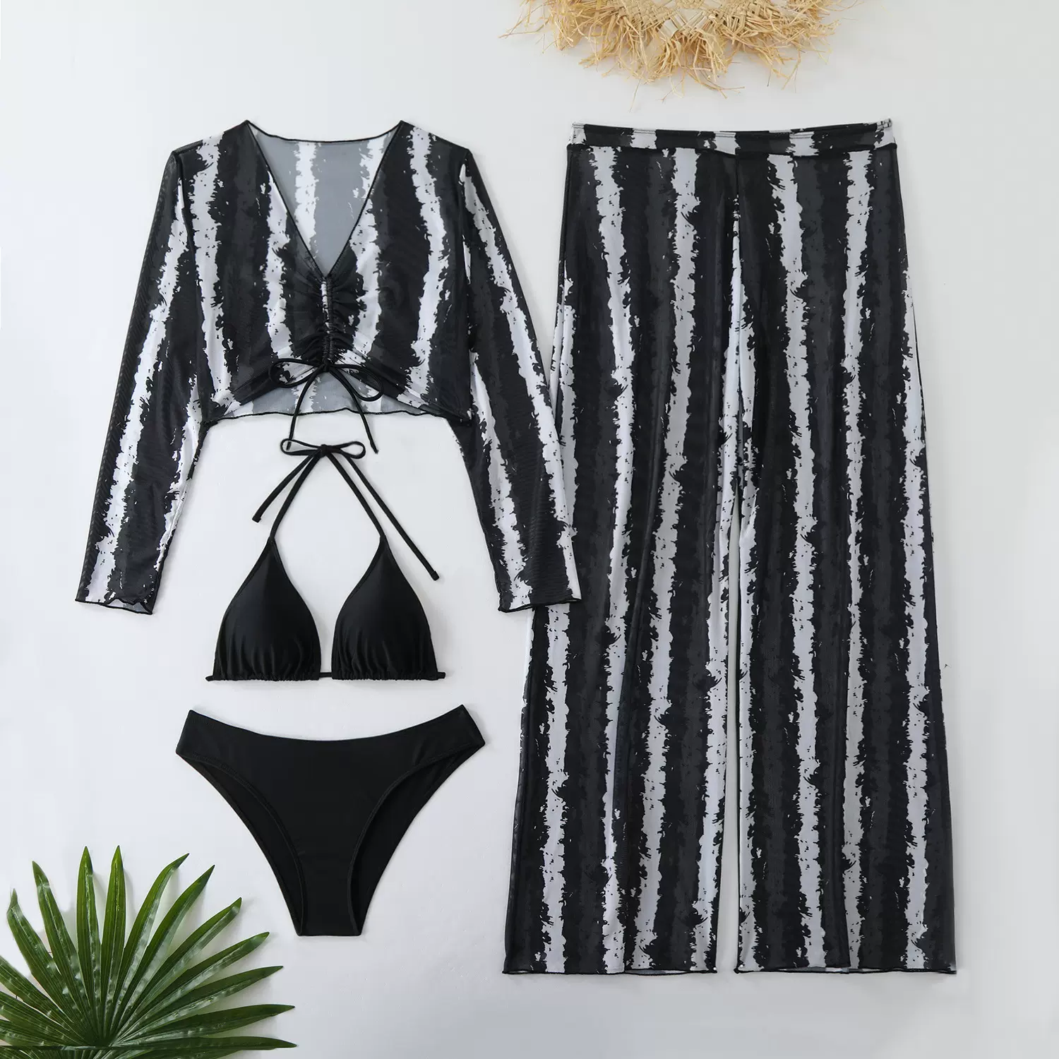 泳衣欧美简约风三件套防晒性感比基尼黑白纹开衫长裤套装bikini