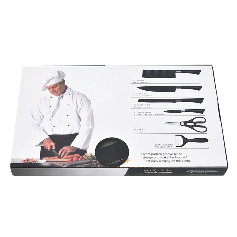 Spot Factory Mango de herradura ondulado Juego de seis piezas Cuchillo de cocina Cuchillo de pan Cuchillo de chef Cuchillo de frutas Juego de cuchillos cepillados de melón