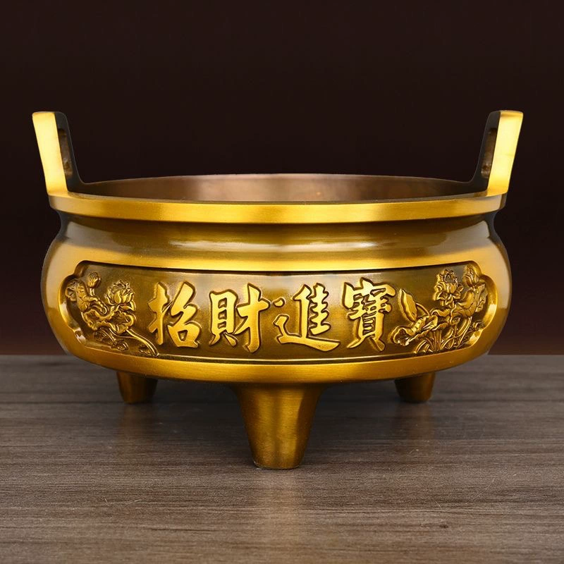Латунная курильница, цельномедная трехногая курильница с двумя ушками для буддийского алтаря, благовоний, ежедневного накопления богатства T.