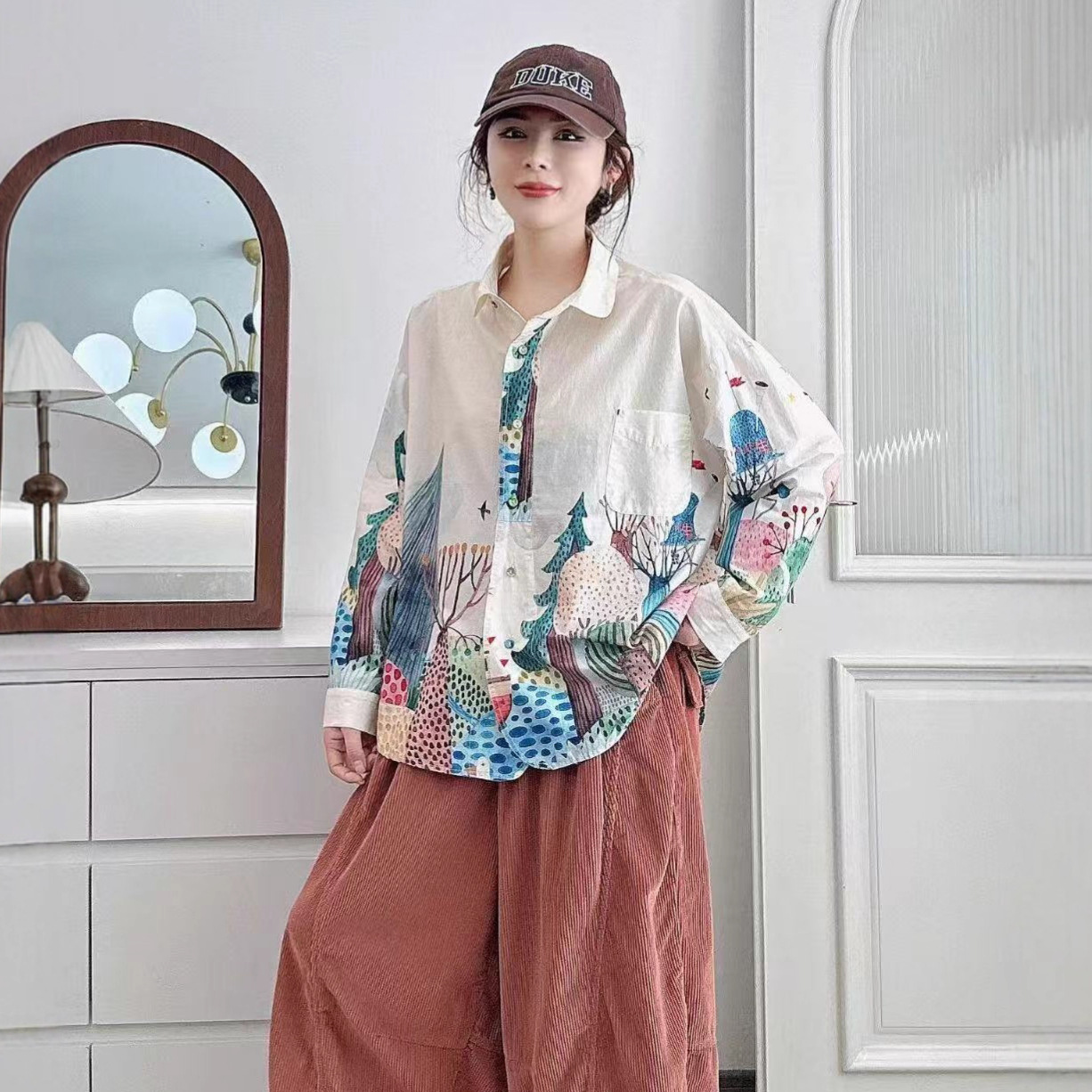 82441 Stylish Printed Single-Breasted Long-Sleeved Shirt for Women 2025 Autumn New Casual Slimming Look Top