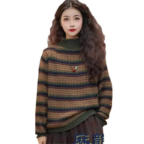 Live Streaming Bestselling Autumn/Winter New Fashion Trendy Color Block Striped Half-Neck Knit Sweater