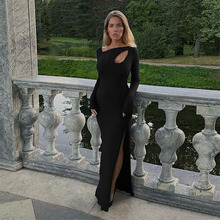 YJ25362针织长袖性感镂空开叉连衣裙 秋季2025新款欧美风气质长裙