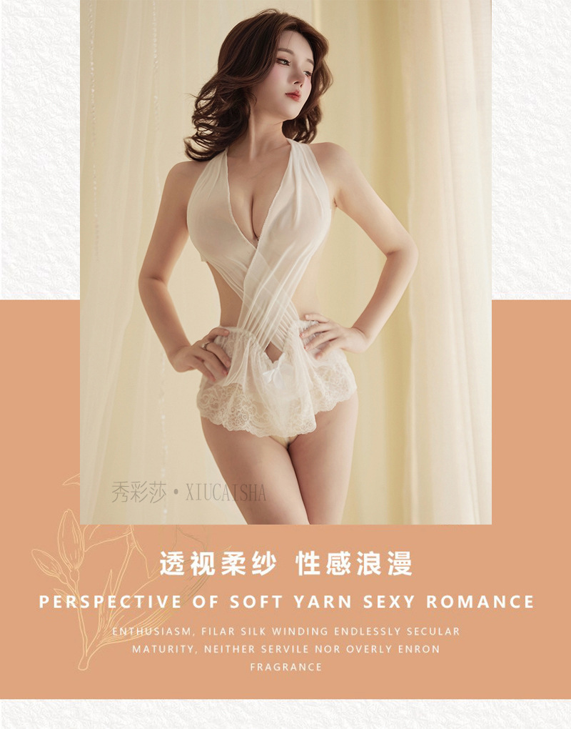 White Lace Mesh Bodysuit with Fishnet Stockings, Sheer Lingerie Set, One Size — detail image 4