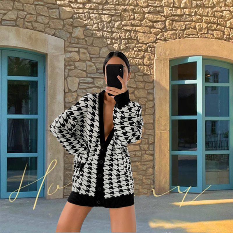Nuevos modelos de comercio exterior 2026: Cárdigan de punto de manga larga con cuello en V y estampado de pata de gallo, holgado, para mujer, de AliExpress y Amazon