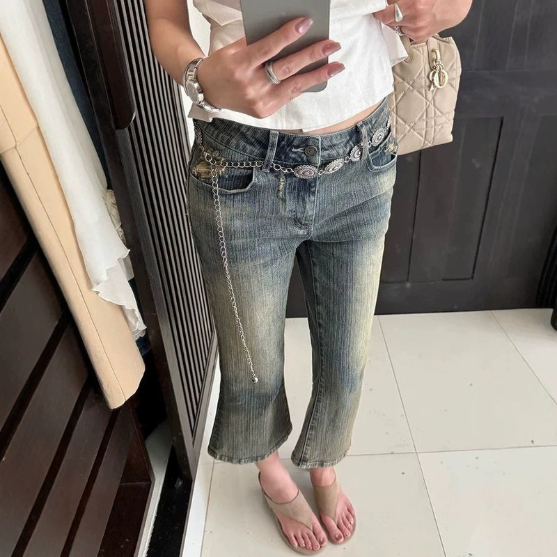 American retro style plus-size washed distressed flared denim cropped pants for women, mid-low waist, slim fit, flattering bell-bottom pants