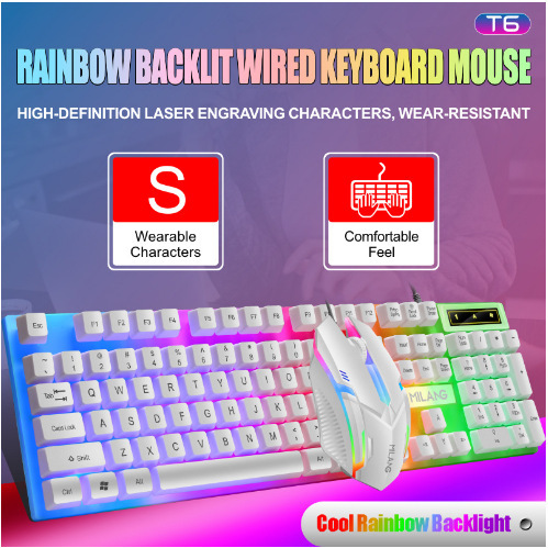 T6有線カラフル発光バックライトusbキーボードマウスセット機械手触りバックライトキーマウスセット|undefined
