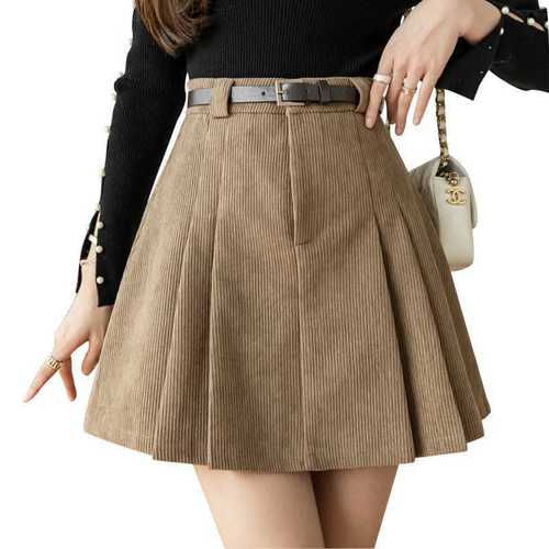 Linen velvet large skirt hem A-line maxi skirt for women autumn winter high-waisted pleated mini skirt slimming bumming