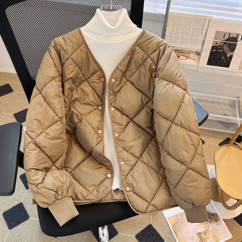 韩版羽绒棉服女短款2025秋冬新款圆领菱形小个子减龄轻薄棉袄外套|undefined