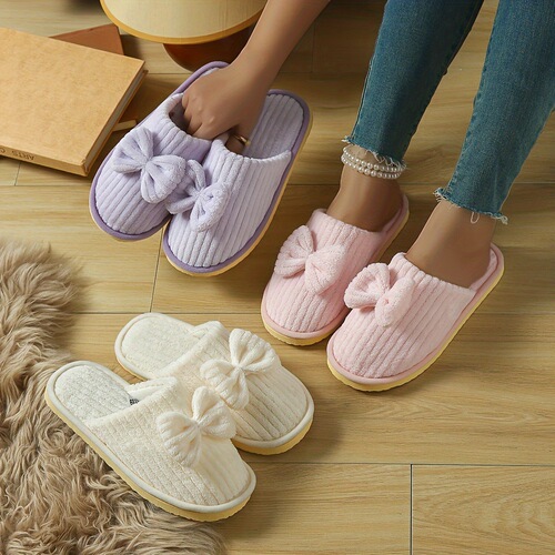 Ultra Warm Cozy Striped Bowknot Slippers for Women Thick