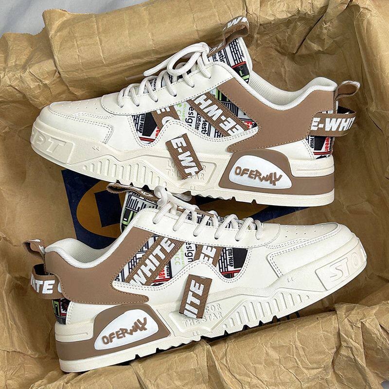 Giày thể thao nam màu trắng thoáng khí đế dày phong cách Hàn, giày sneaker đa năng thắt dây — E161 trắng đen, Màu Kaki E161