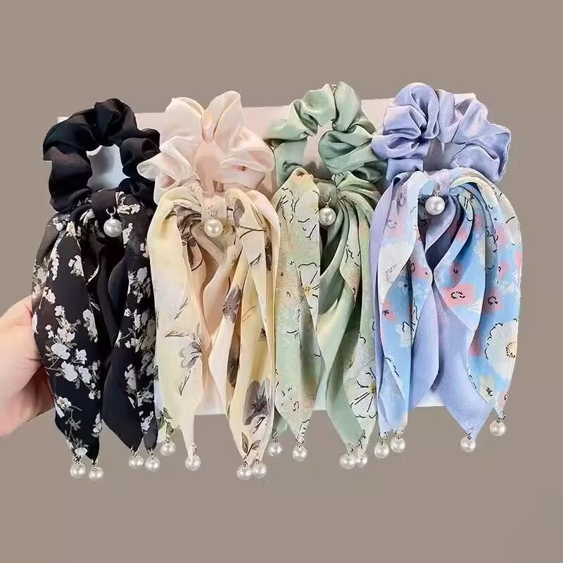 Chouchou élégant en ruban de perles pour filles, chouchou à nœud papillon, accessoire raffiné pour queue de cheval fleuri_voghion.com