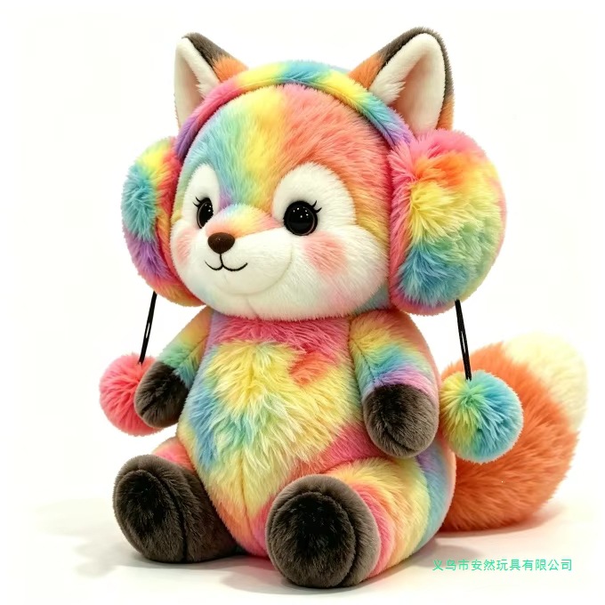 Customized soft rainbow tie-dye fox plush toy, with pom-pom earmuffs, cute rainbow fox plush