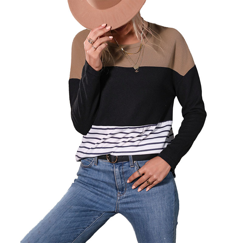 Striped Contrasting Round Neck Long Sleeve Loose Sweater Pullover_voghion.com