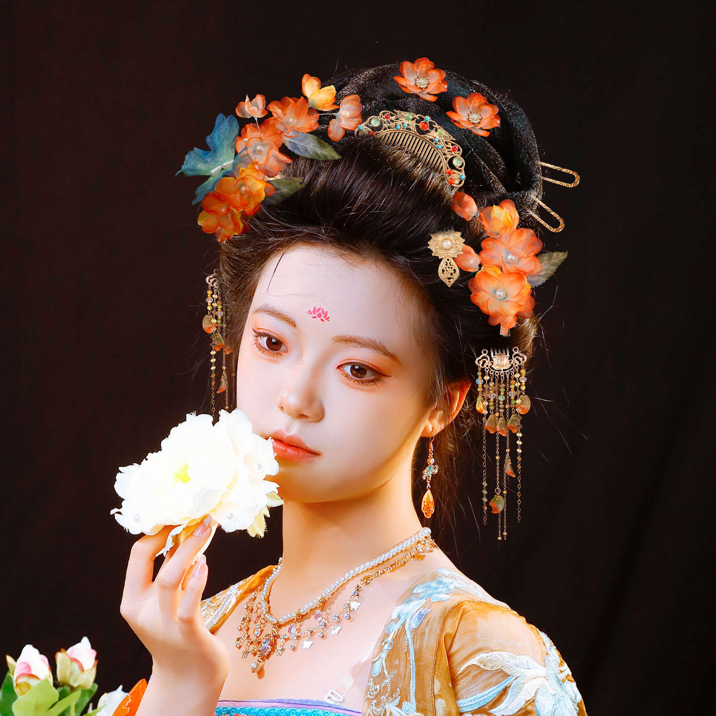 Ancient Style Han Dynasty Orange Silk Perm Flower Hairpin Necklace Hair Accessories Set Elegant Versatile Long Tassel Comb Accessories for Women