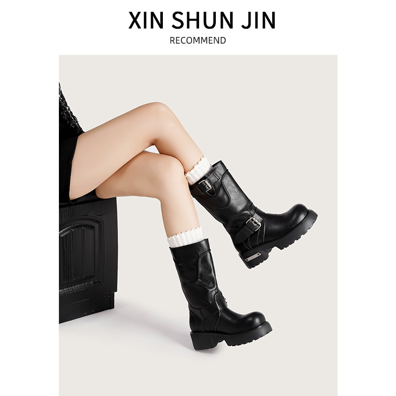 Dark Retro Vintage Work Boots with Thick Soles, Raised Toe, Martin Boots, Leather Strap Short Boots, Chunky Boots, Motorcycle Boots