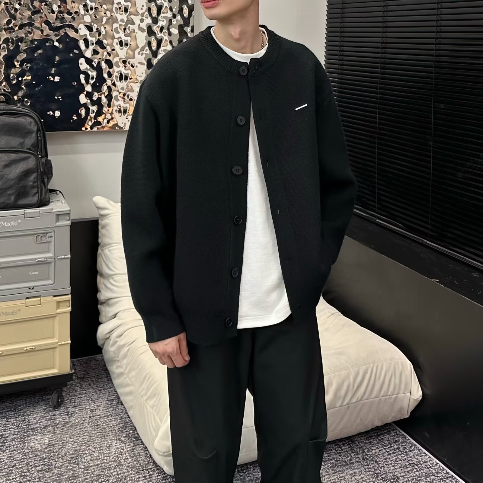 Men's Knit Cardigan Oversized Casual Sweater With Diamond Pattern_voghion.com