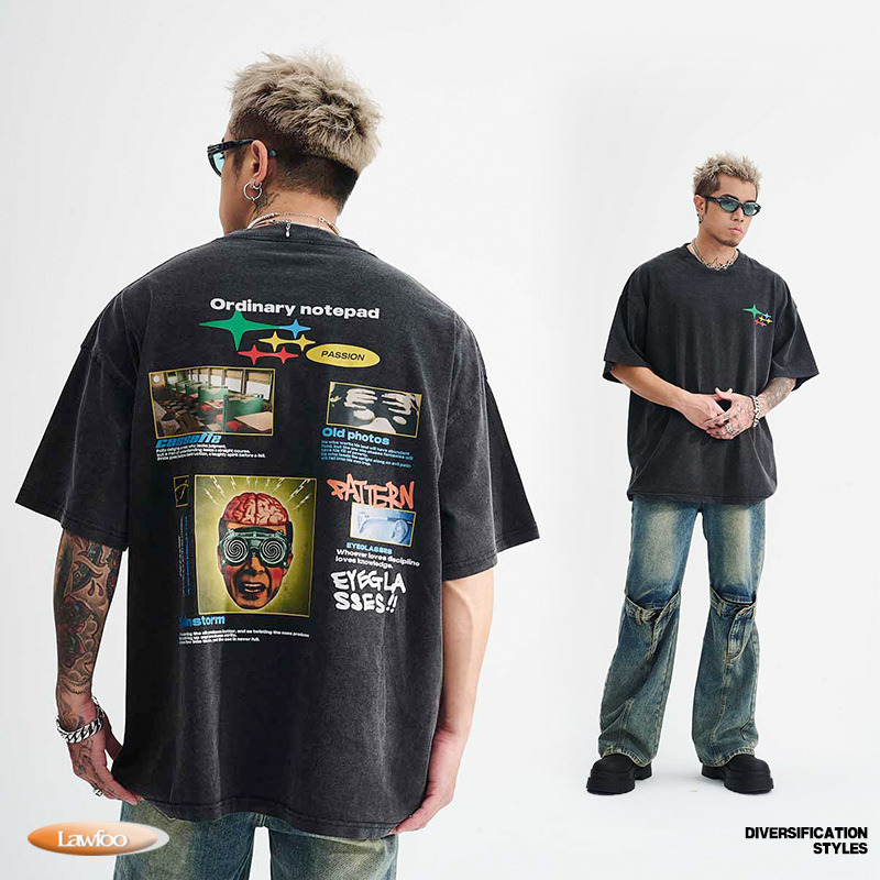 LawFoo primavera y verano marca de moda Nacional Americana Retro lavado viejo grande impreso fuera del hombro versión suelta pareja camiseta moda