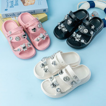 新款卡通笑脸银熊亲子拖鞋时尚平底男童女童防滑软底凉鞋