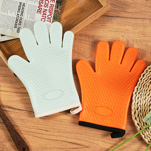 Cotton-lined and thickened microwave baking silicone heat-resistant gloves, oven heat-resistant high-temperature resistant five-finger kitchen insulating gloves