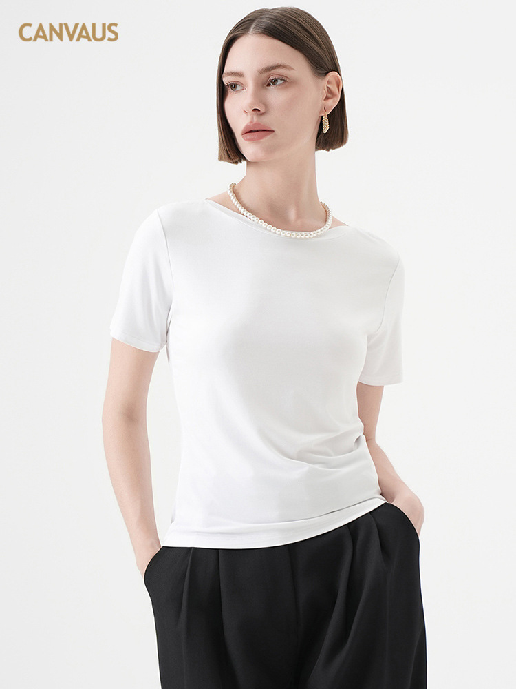 CANVAUS verano simple y suave camiseta glutinoso para mujer nueva versión coreana de color sólido cuello de una línea casual de manga corta jersey para mujer