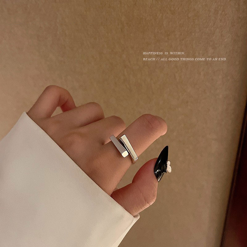 長方塊素圈戒指女設計小眾高級感S925鍍銀開口食指戒簡約百搭指環