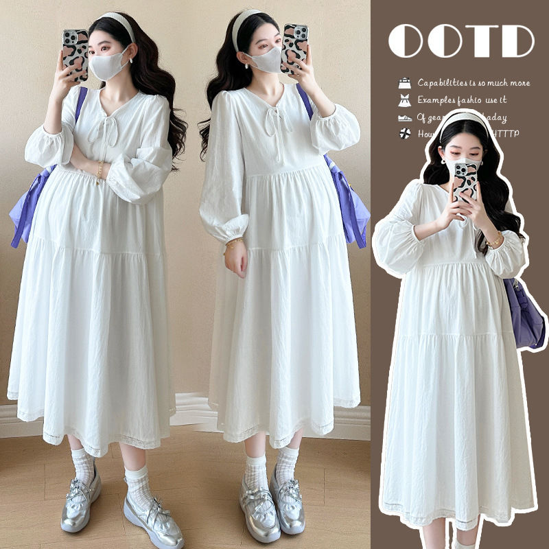 2025 new pregnant women spring cotton dress long sleeve slim Korean spring white sweet pregnant mother long skirt