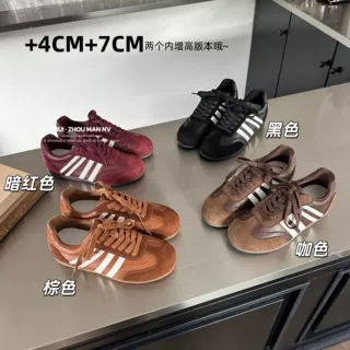 现货7CM内增高~复古德训鞋女新款圆头系带运动百搭拼色休闲德训鞋