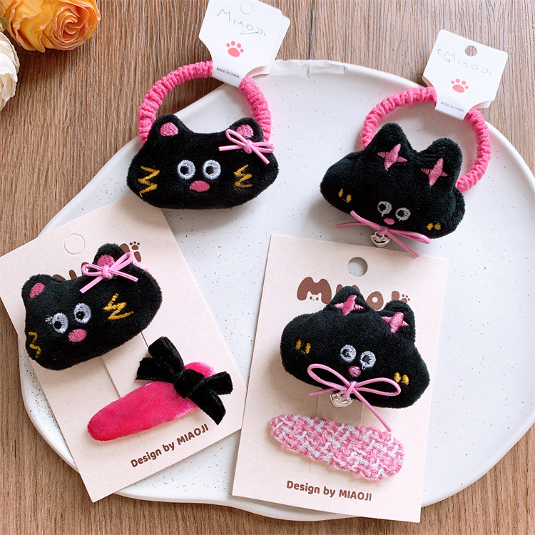 Children's cute cartoon black cat hair clip with bow, side BB clip for girls, ponytail rubber band hair tie