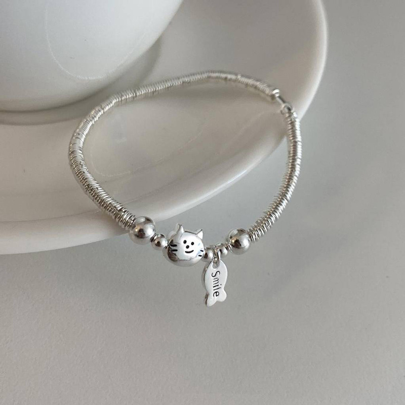 Myska S925 Silver Cat and Fish Bracelet for Women, New Chinese Style, Trendy, Simple, Cute, Creative Design Silver Ring Jewelry