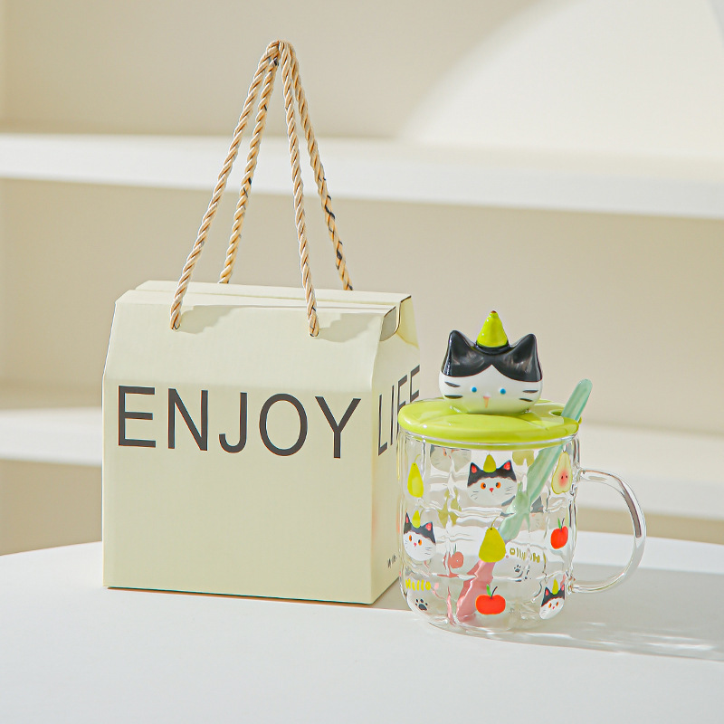 Gato estereoscópico pintado a mano alta resistencia al calor de vidrio de silicio de alta calidad de oficina con cubierta de cuchara de agua taza de dibujos animados taza de marca