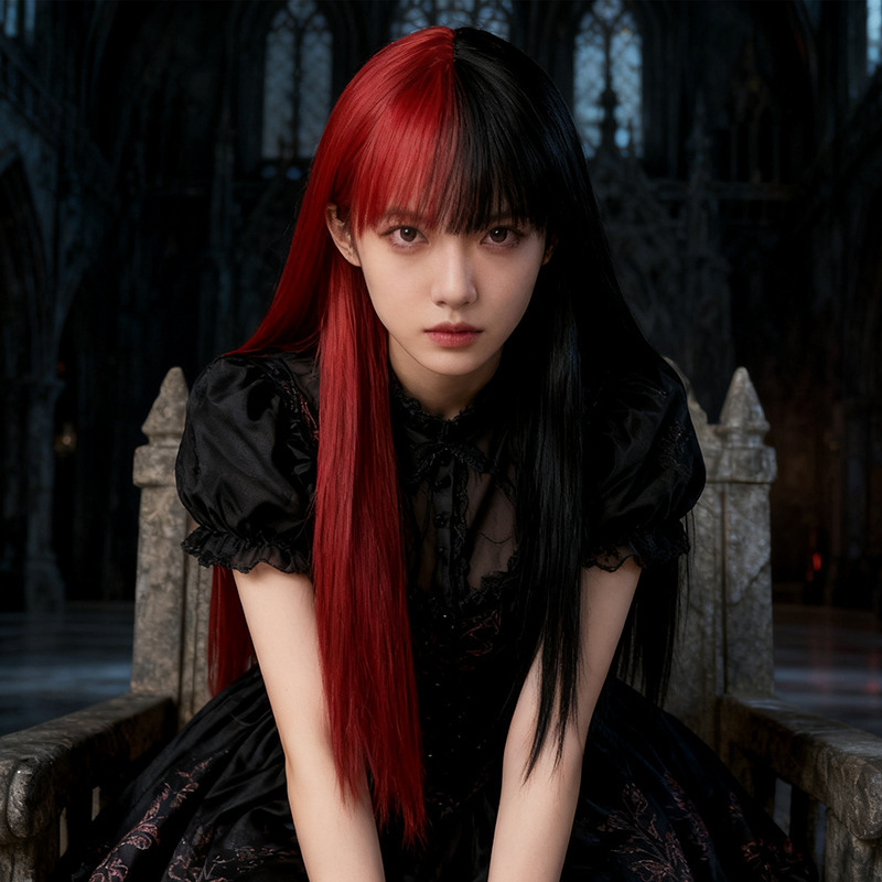 Lolita Wig Female Long Hair Black and Red Double Artificial Hair Full Headgear Dark Style Cos Anime Long Straight Hair Style
