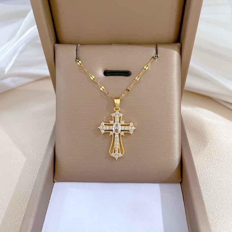 New Hot-Selling Cross Luxury Elegant Full Diamond Necklace for Women Trendy Versatile Clavicle Chain Titanium Steel Chain