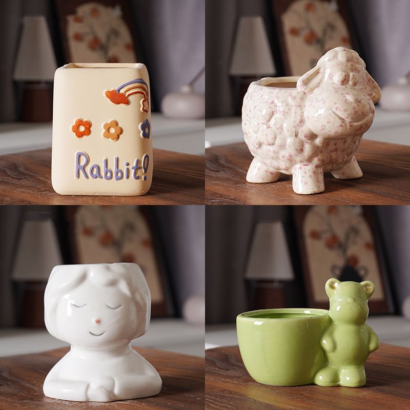 Ceramic Succulent Flower Pots with Cute Animal Cartoon Characters, Creative and Unique Designs, Simple and Breathable Coarse Pottery for Desktop Decoration Ceramic Succulent Flower Pots with Cute Animal Cartoon Characters, Creative and Unique Designs, Simple and Breathable Coarse Pottery for Desktop Decoration