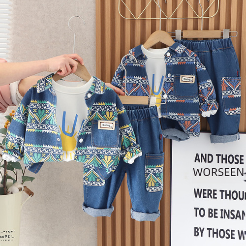 New Boys' Set Spring and Autumn Ethnic Style Three-Piece Children's Jacket Spring New Baby Long-Sleeve Jacket Trendy