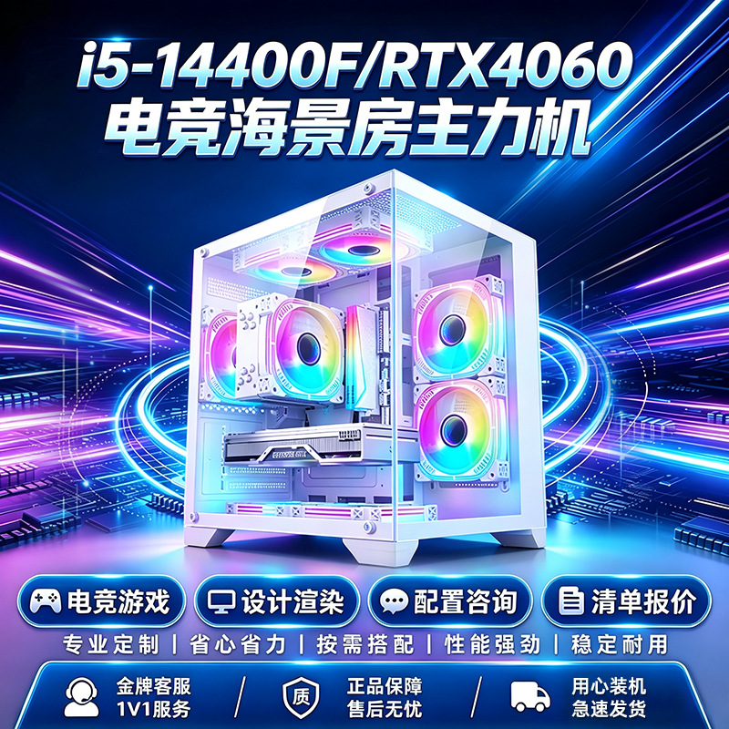 酷睿i514600KF/RTX5060海景房办公电脑主机2K电竞游戏台式组装整