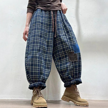 灯芯绒加绒休闲裤 2025冬季新款 潮流复古贴布格子哈伦裤女85638