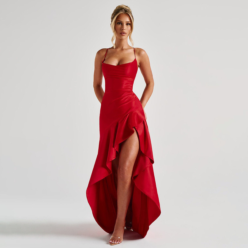 2025 European and American Cross-Border Foreign Trade Summer Hot-Selling Sexy Women's Strapless Backless Ruffled Irregular Dress Gown