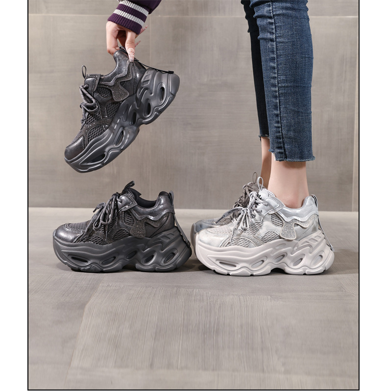 Giày sneaker nữ chunky đế dày tăng chiều cao, đính đá rhinestone, phong cách thể thao — Màu súng chi tiết 17