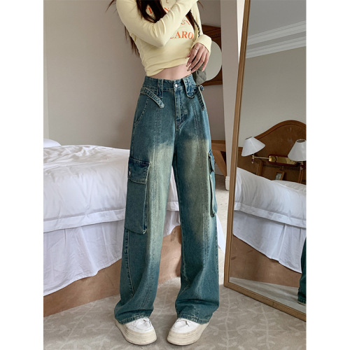 Plus Size American Street Workwear Denim Jeans for Women Spring Autumn Fat MM Loose Slimming High-Waisted Straight Leg Wide Leg Floor-Length Pants for Women