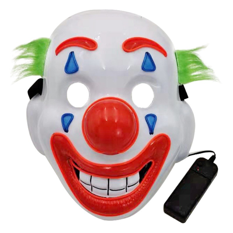 Máscara de payaso Joack con luz LED, estilo de fábrica, accesorios luminosos intermitentes para Halloween, payaso luminoso para juegos de rol