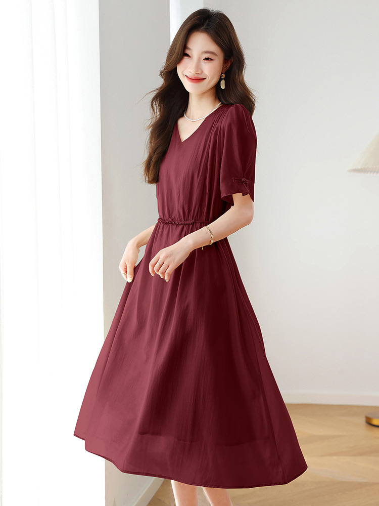 Đầm ôm body nữ cổ chữ V tay ngắn thiết kế eo ZQ2579 — Màu đỏ rượu, Màu kaki