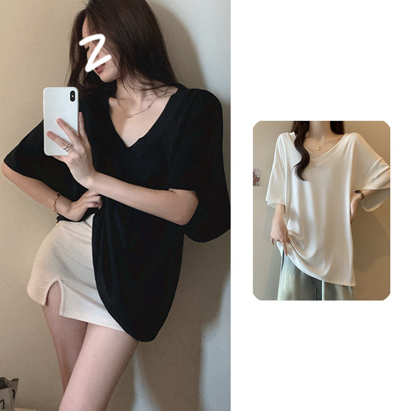 6186 # Official Picture [260g Modal Thread] V Neck T-Shirt Women's Short-Sleeved Summer Long Loose Large Version Oversi