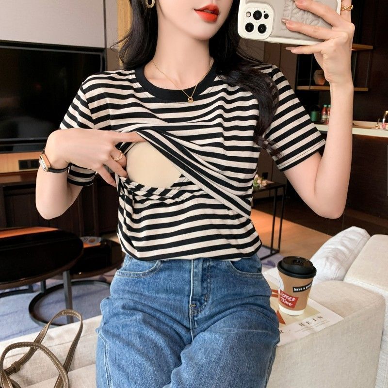Sweat-Absorbent Nursing T-Shirt for Women, Striped Summer Postpartum Soft and Comfortable Nursing Top for Hot Moms during the Postpartum Period