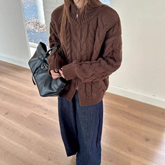 半高领经典麻花系列毛衣外套女秋冬款宽松百搭双拉链针织开衫外套