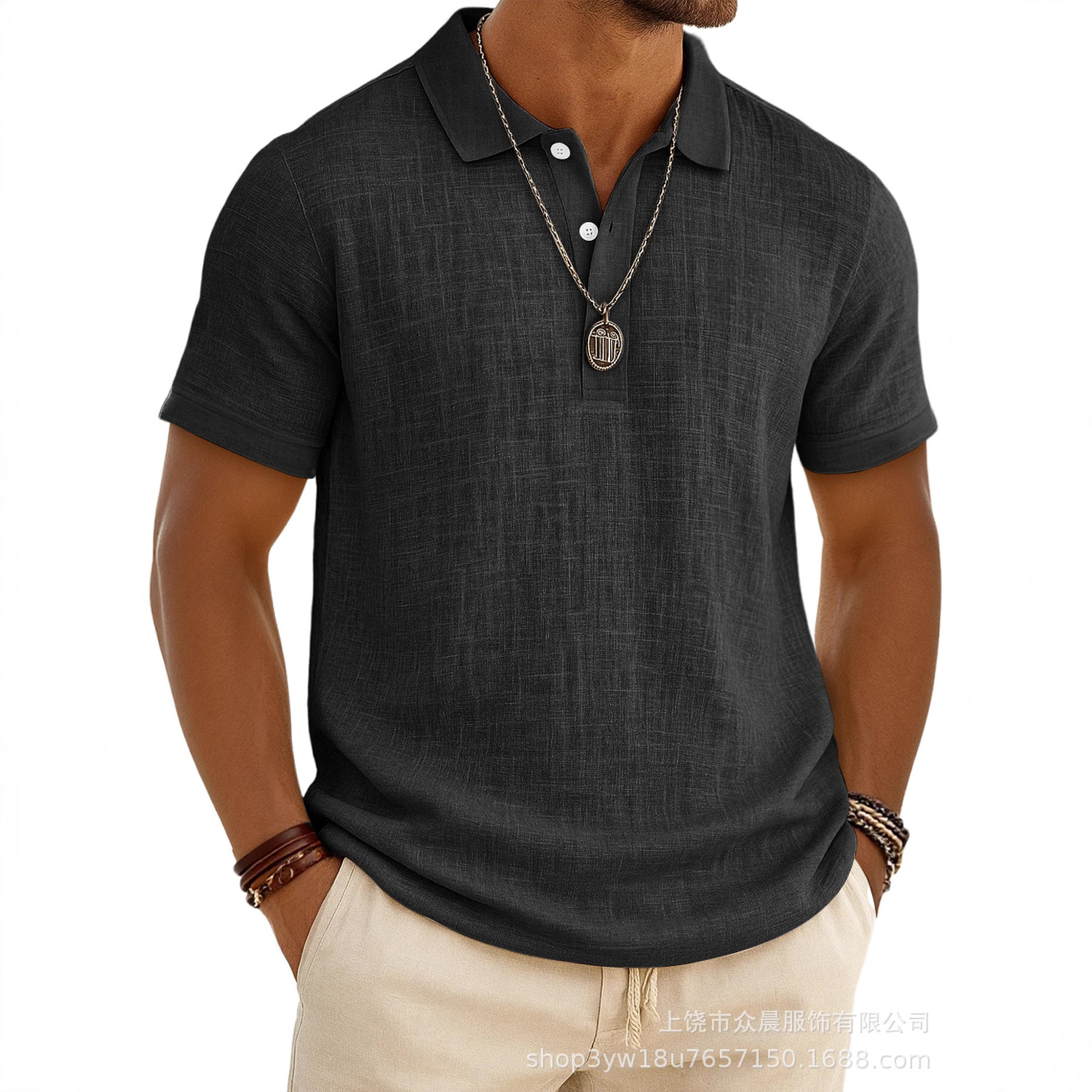 2025 Cross-Border Exclusive Amazon Popular Men's Casual Solid Color Summer Bamboo Cotton and Linen Short-Sleeved Polo Shirt