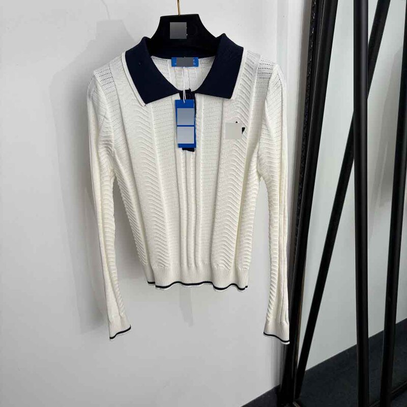Nanyou high-end foreign trade stylish slim-fit new model clover embroidered polo collar hollow long-sleeve knit top Nanyou high-end foreign trade stylish slim-fit new model clover embroidered polo collar hollow long-sleeve knit top