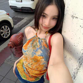 甜辣妹油画印花挂脖吊带小背心女夏季内搭不规则短款露背上衣外穿