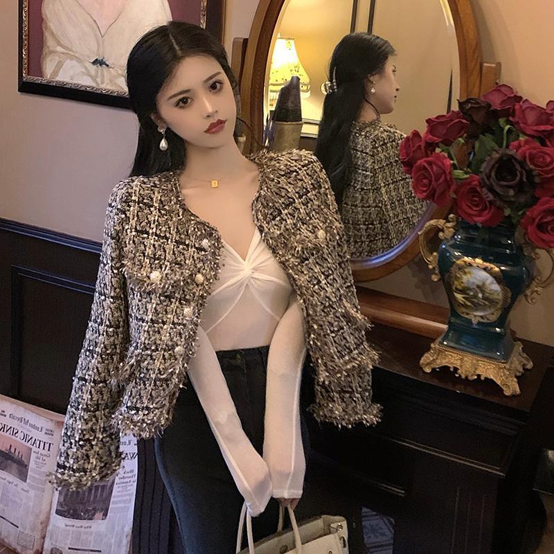 Chanel Style Woolen Coat Women's Spring and Autumn French Tweed Short Western Style Cardigan Small Braided Plaid Top